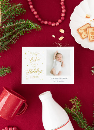 Extra Cheer Custom Blue Newborn Holiday Card with Foil Print
