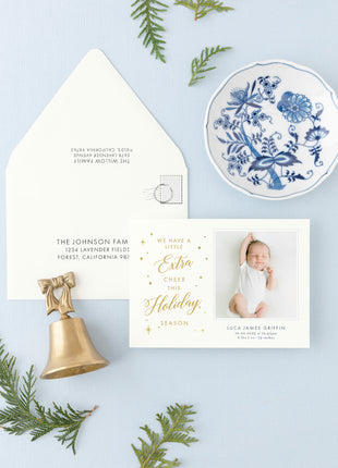 Extra Cheer Custom Blue Newborn Holiday Card with Foil Print
