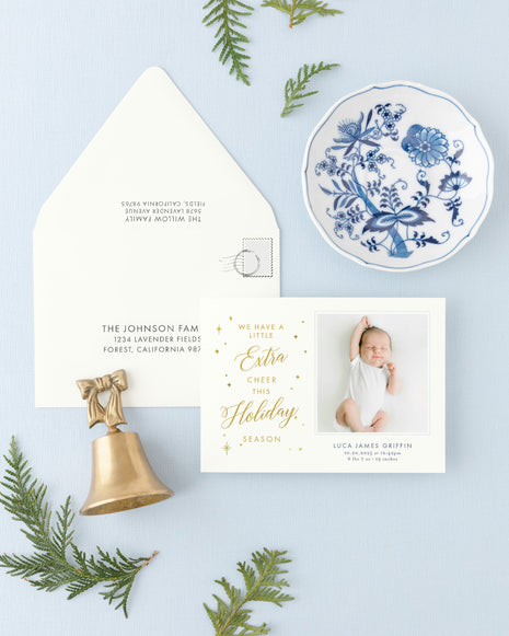 Extra Cheer Custom Blue Newborn Holiday Card with Foil Print