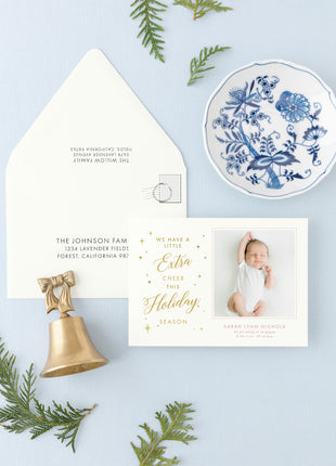 Extra Cheer Custom Blue Newborn Holiday Card with Foil Print