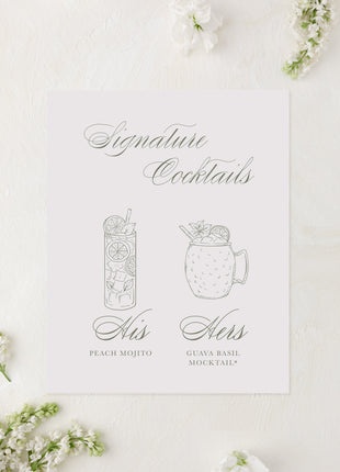 Signature cocktails list with illustrations of drinks on a white background with floral decorations.