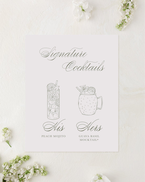 Signature cocktails list with illustrations of drinks on a white background with floral decorations.