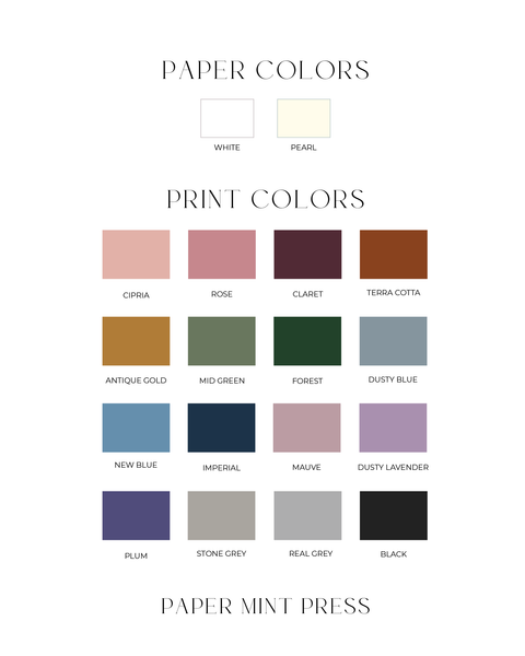 Color swatches for paper and print colors with 'Paper Mint Press' branding.