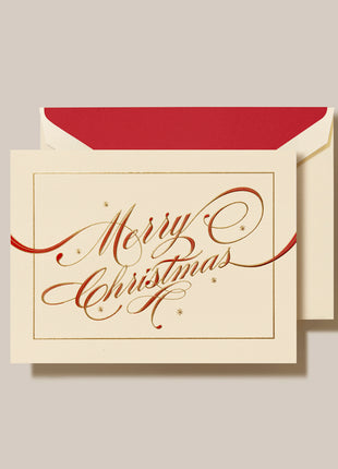Ribbon Flourish Merry Christmas Folded Greeting Card Set - Crane Boxed Holiday